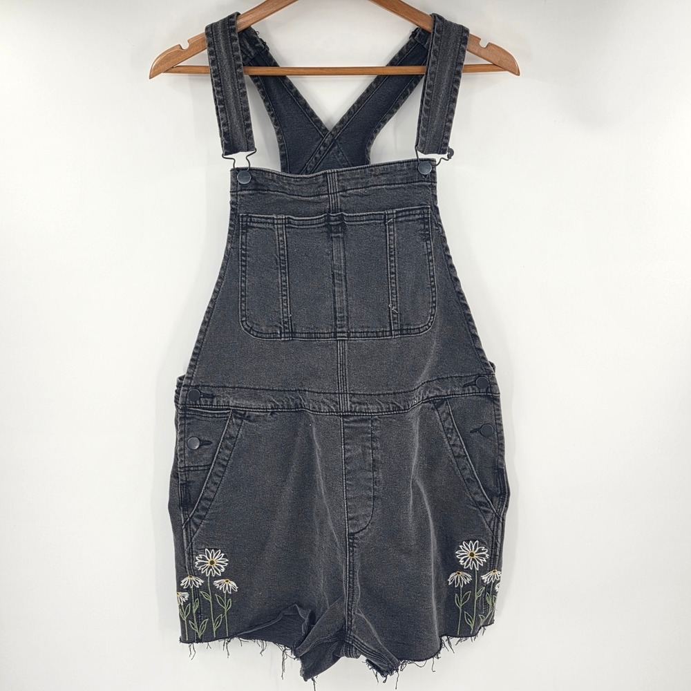 Driftwood Womens XL Black Denim Daisy Embroidered Shortalls Bib Overalls